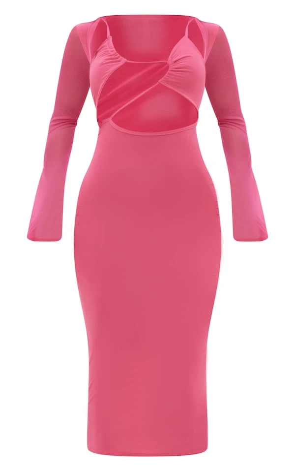 Robe Mi-longue Rose Moulante Découpée à Manches En Mesh 5 Robe Mi-longue Rose Moulante Découpée à Manches En Mesh – Image 5