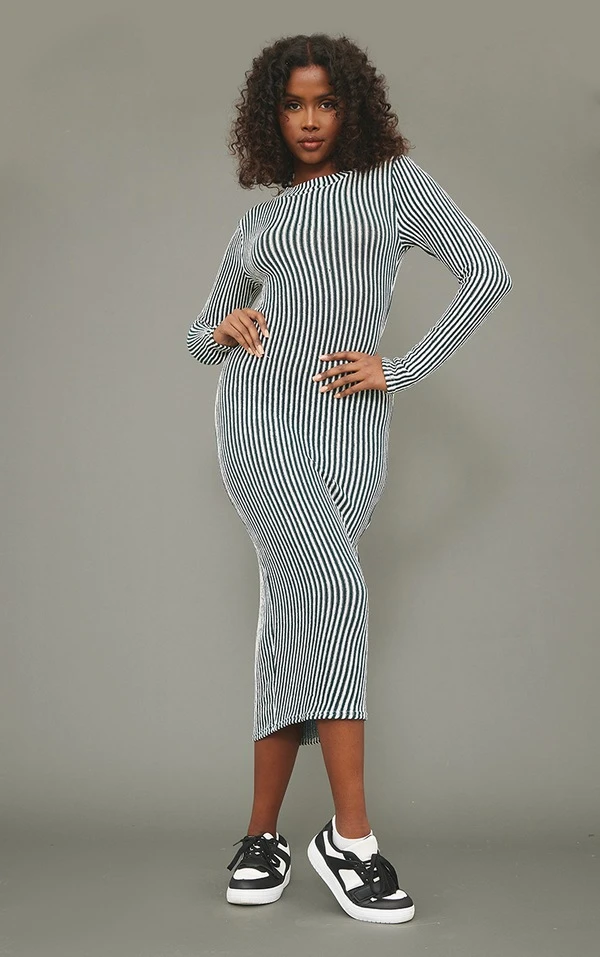 Robe Mi-longue Côtelée Bicolore Kaki à Col Montant 1 Robe Mi-longue Côtelée Bicolore Kaki à Col Montant