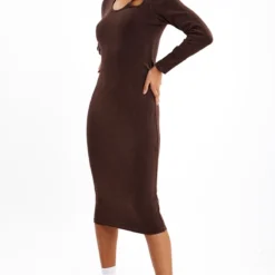 Zero Robe Longue Côtelée Chocolat à Découpes Et Manches Longues