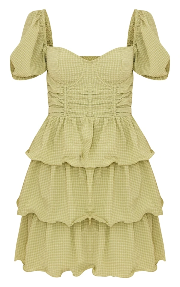 Robe Patineuse Vert Sauge Crêpée à Détail Bonnets Et Jupe étagée 5 Robe Patineuse Vert Sauge Crêpée à Détail Bonnets Et Jupe étagée – Image 5