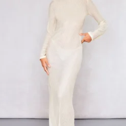 Robe Longue Texturée Ajourée Crème à Manches Longues