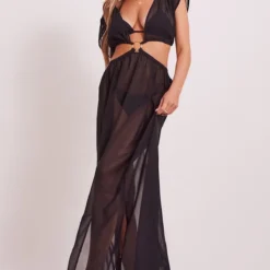 Robe De Plage Noire Découpée à Manches Bouffantes Et Anneau