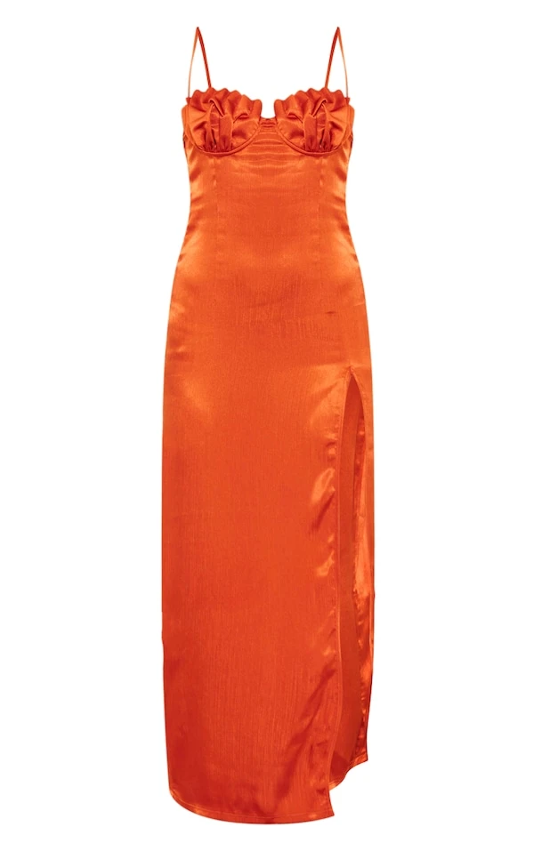 Robe Fendue Longue Texturée Rouille Satinée à Bonnets Plissés Et Bretelles 5 Robe Fendue Longue Texturée Rouille Satinée à Bonnets Plissés Et Bretelles – Image 5