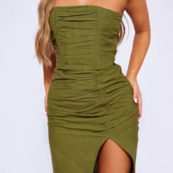 Robe Bustier Mi-longue Kaki Effet Lin Froncée Plissée -Jupe Lumine Soldes Boutique 699a0a51e0870575f6798132aa543d54619092f1 cne1444 4