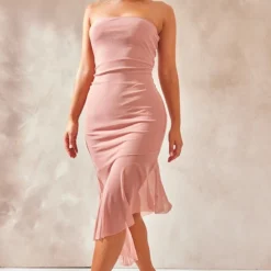 Robe-bustier Asymétrique Mi-longue Rose Poudré à Ourlet Volanté