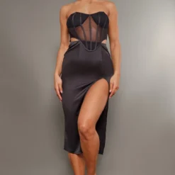 Robe Bustier Mi-longue En Mesh Noire à Détail Fendu