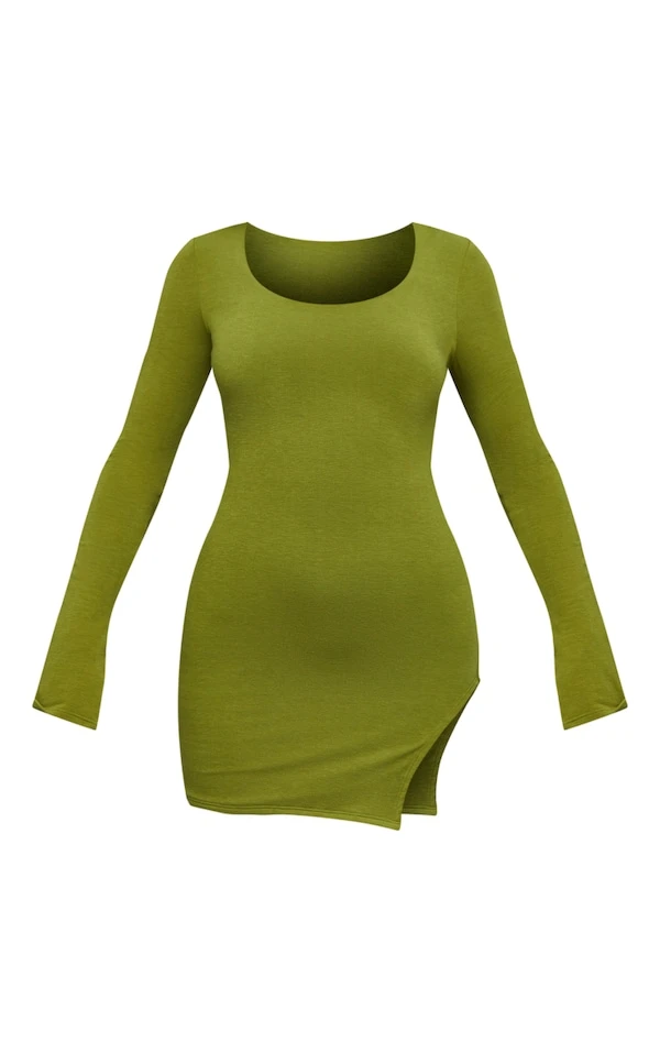 Robe Moulante En Jersey Vert Olive Fendue Détail Contours à Col Arrondi 5 Robe Moulante En Jersey Vert Olive Fendue Détail Contours à Col Arrondi – Image 5