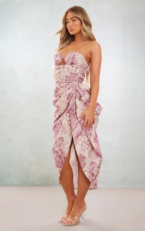 Robe Mi-longue Drapée Froncée Multicolore Imprimé Renaissance à Armatures 1 Robe Mi-longue Drapée Froncée Multicolore Imprimé Renaissance à Armatures