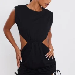 Robe T-shirt En Coton Noir Froncé à Découpes