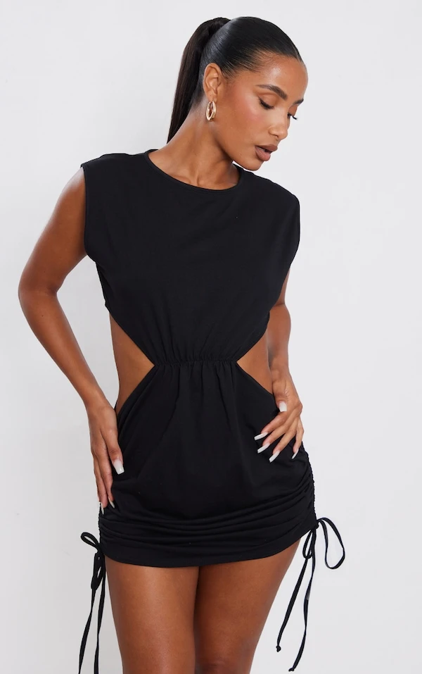 Robe T-shirt En Coton Noir Froncé à Découpes