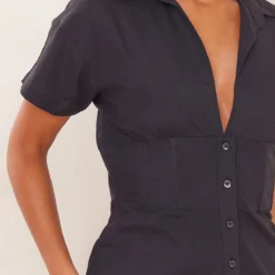 Robe Chemise Effet Lin Noir à Manches Courtes Et Taille Cintrée -Jupe Lumine Soldes Boutique 6c2900c449dc471fc5170da7247c68fc9fc8f48d cnd4041 4