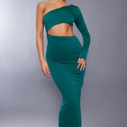 Robe Longue Moulante Vert Forêt Asymétrique à Découpes