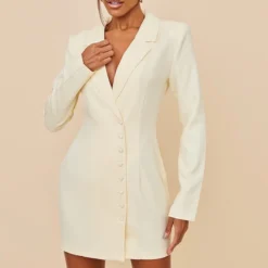 Robe Blazer Tissée Crème à Boutons