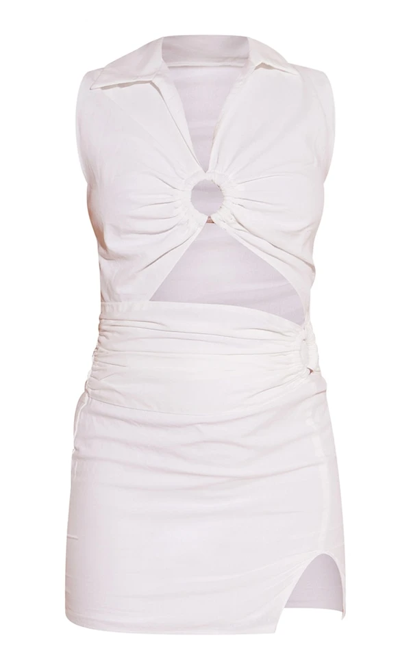 Robe Moulante Découpée Effet Lin Mixte Blanc à Anneau En Bois 5 Robe Moulante Découpée Effet Lin Mixte Blanc à Anneau En Bois – Image 5