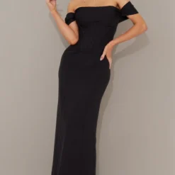 Robe De Soirée Style Corset Noire à Col Bardot