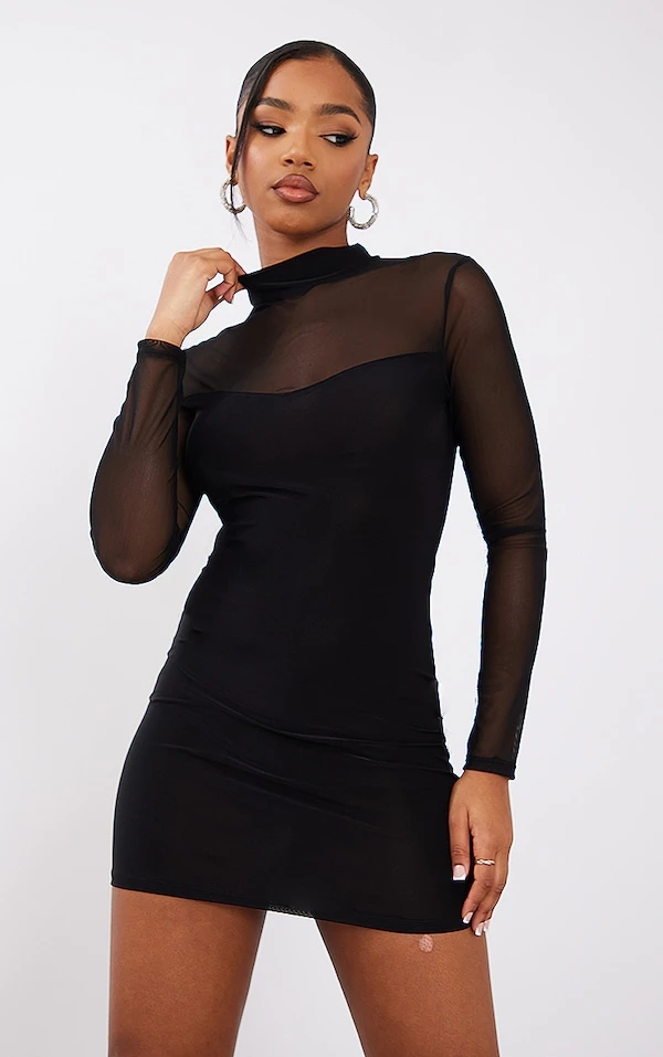 Robe Très Moulante Noire à Parties En Mesh Et Manches Longues 1 Robe Très Moulante Noire à Parties En Mesh Et Manches Longues