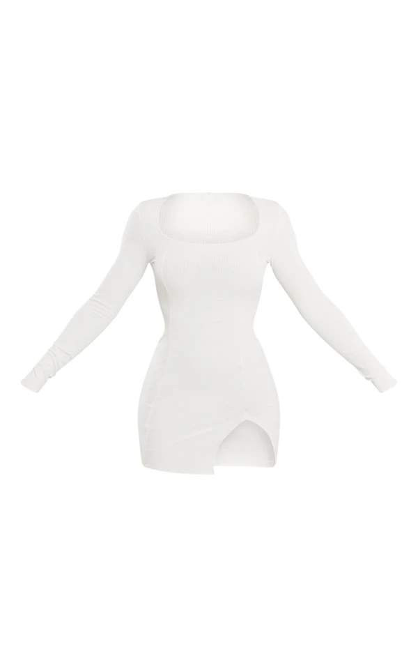 Robe Moulante Côtelée Crème Fendue à Col Carré Et Manches Longues 5 Robe Moulante Côtelée Crème Fendue à Col Carré Et Manches Longues – Image 5