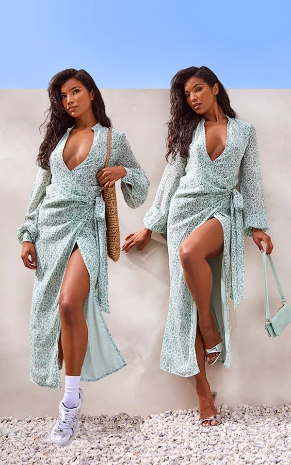 Shape Robe Portefeuille Mi-longue Satinée Verte Imprimé Petites Fleurs 1 Shape Robe Portefeuille Mi-longue Satinée Verte Imprimé Petites Fleurs