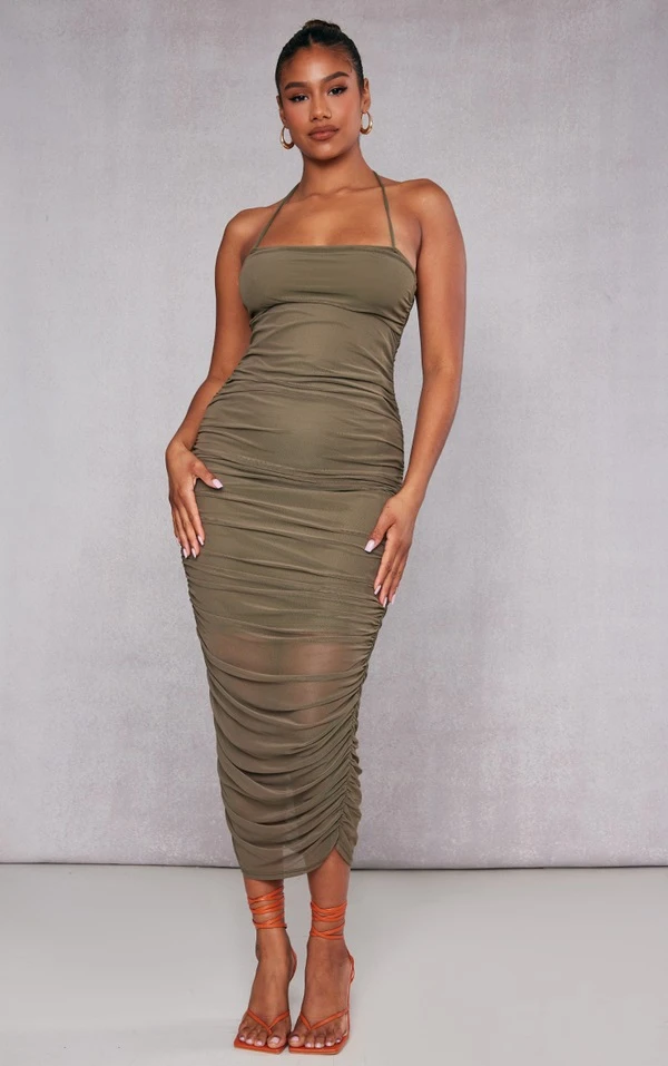 Robe Longue En Mesh Très Froncé Kaki Croisée Sur Le Cou 1 Robe Longue En Mesh Très Froncé Kaki Croisée Sur Le Cou