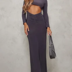 Robe Longue Moulante Découpée Gris Anthracite à Taille Froncée Et Manches Longues