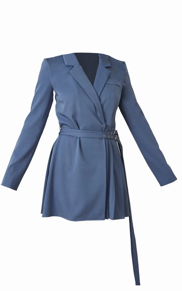Robe Blazer Tissée Plissée Bleu Minéral à Détail Boucle 5 Robe Blazer Tissée Plissée Bleu Minéral à Détail Boucle – Image 5
