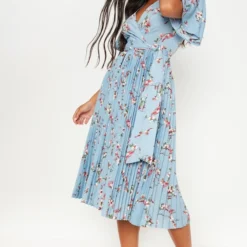 Robe Mi-longue Bleu Cendré Plissée à Imprimé Floral