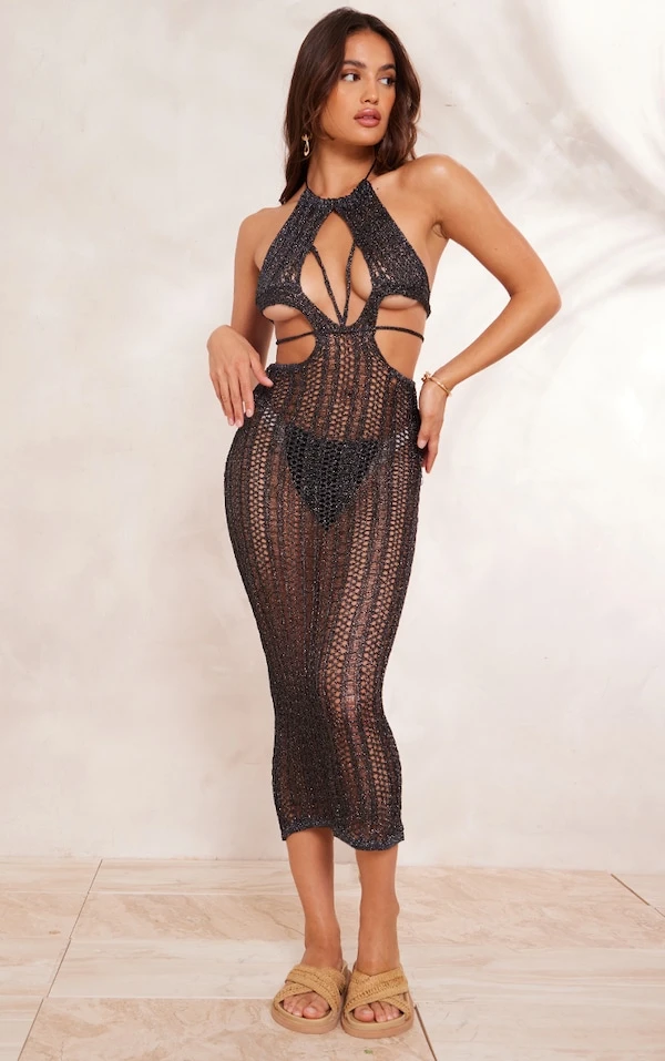 Robe Mi-longue Découpée En Maille Tricot Ajourée Noire à Paillettes 1 Robe Mi-longue Découpée En Maille Tricot Ajourée Noire à Paillettes