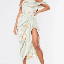 Robe Mi-longue Satinée Vert Sauge Effet Drapé à Col Bardot -Jupe Lumine Soldes Boutique 7152b3a1f4e5286529f6df3d27028d731fa6fc7d cmq6545 4
