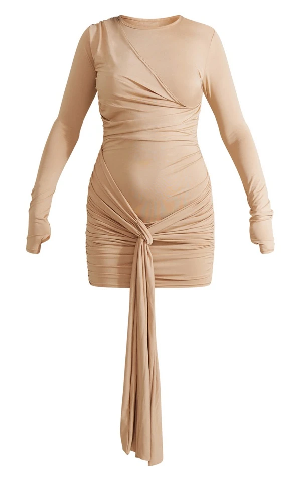 Robe Moulante Drapée Gris Pierre à Manches Longues 5 Robe Moulante Drapée Gris Pierre à Manches Longues – Image 5