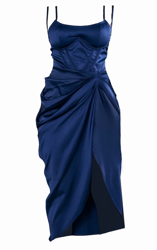 Robe Mi-longue Satinée Bleu Marine Drapée à Armatures 5 Robe Mi-longue Satinée Bleu Marine Drapée à Armatures – Image 5