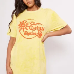 Robe T-shirt Moutarde Effet Javélisé à Slogan Imprimé Cancun -Jupe Lumine Soldes Boutique 74bc5c28401216eab3941e5d0f504ff1d912db0d cne8945 3