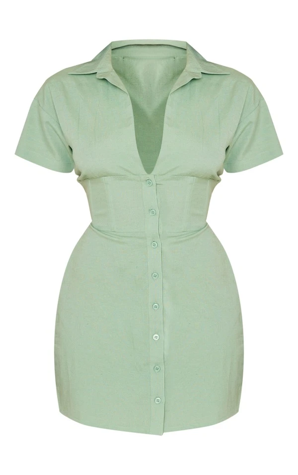 Robe Chemise Effet Lin Vert Sauge à Manches Courtes Et Taille Ceintrée 5 Robe Chemise Effet Lin Vert Sauge à Manches Courtes Et Taille Ceintrée – Image 5