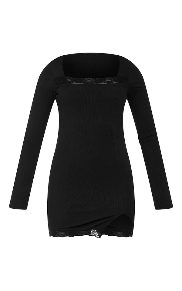 Robe Moulante Côtelée Noire à Manches Longues Et Parties En Dentelle 5 Robe Moulante Côtelée Noire à Manches Longues Et Parties En Dentelle – Image 5
