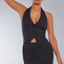 Robe Dos Nu Moulante En Maille Noire Sans Manches