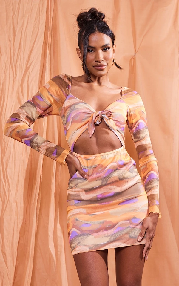 Robe Moulante En Mesh Imprimé Tourbillons Multicolores à Découpes Et Devant Noué 1 Robe Moulante En Mesh Imprimé Tourbillons Multicolores à Découpes Et Devant Noué