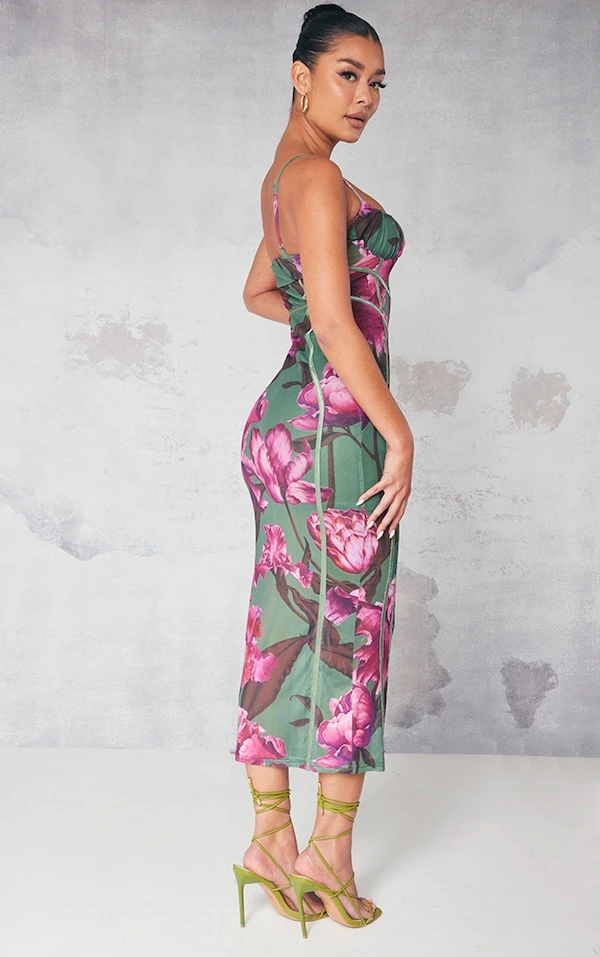 Robe Mi-longue Verte Fleurie En Mesh à Liserés 2 Robe Mi-longue Verte Fleurie En Mesh à Liserés – Image 2