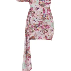 Robe Moulante Asymétrique Rose Fleurie Abstraite Drapée à Manche Bouffante -Jupe Lumine Soldes Boutique 77125221cad08f92474ff92d77b907d9ff9aec27 cnd4314 5