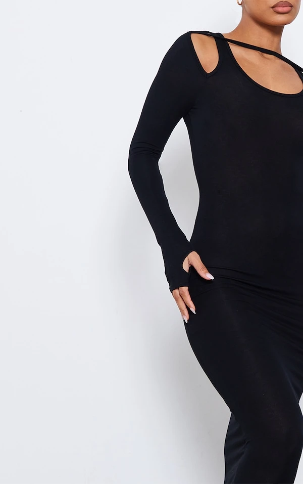 Robe Mi-longue En Jersey Noir à Bretelles Et Manches Longues 4 Robe Mi-longue En Jersey Noir à Bretelles Et Manches Longues – Image 4