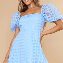 Robe Droite Oversize Bleu Ciel Imprimé Vichy à Manches Bouffantes