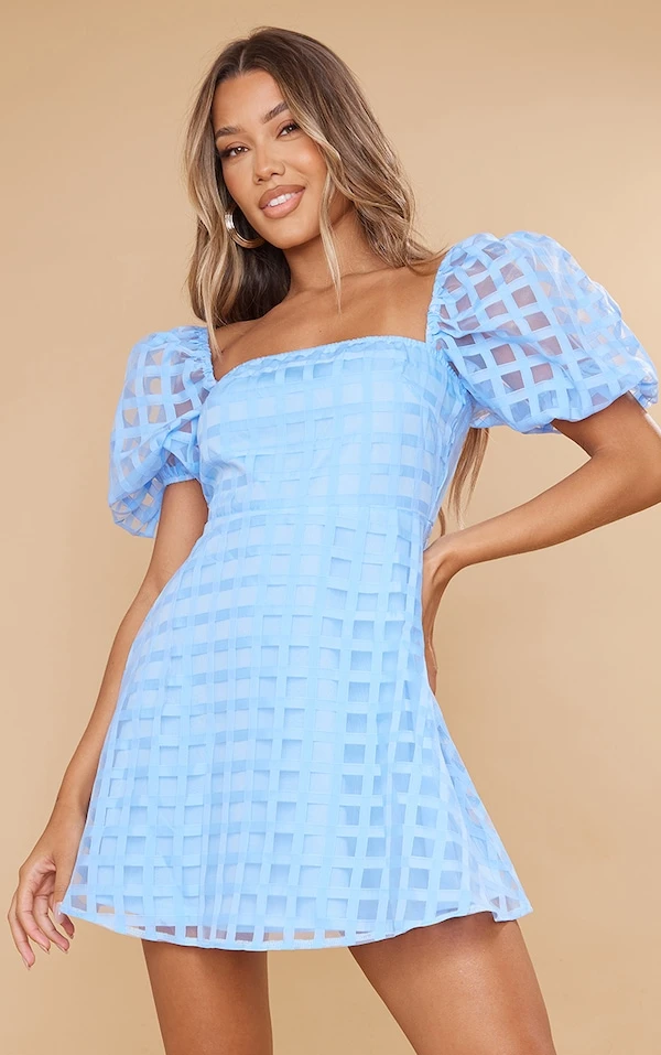 Robe Droite Oversize Bleu Ciel Imprimé Vichy à Manches Bouffantes 1 Robe Droite Oversize Bleu Ciel Imprimé Vichy à Manches Bouffantes