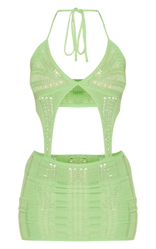 Mini Robe En Maille Tricot Crochetée Vert Citron Très Découpée 5 Mini Robe En Maille Tricot Crochetée Vert Citron Très Découpée – Image 5