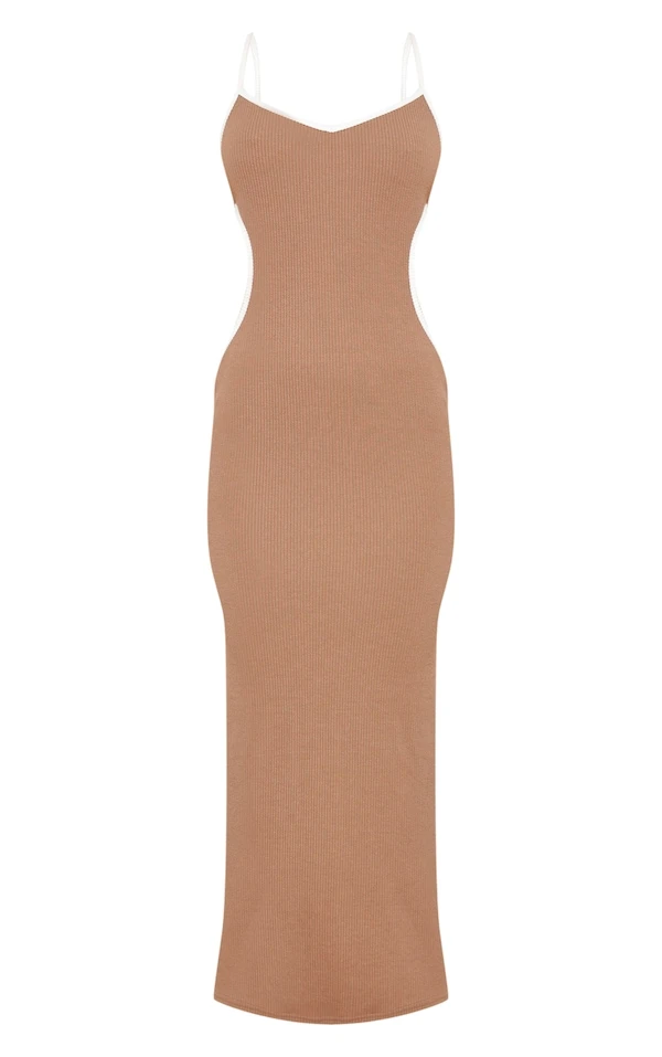 Robe Longue Taupe Côtelée Texturée à Découpes Et Liserés Contrastants 4 Robe Longue Taupe Côtelée Texturée à Découpes Et Liserés Contrastants – Image 4