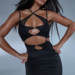 Robe Moulante Noire En Mesh Découpé à Lanières