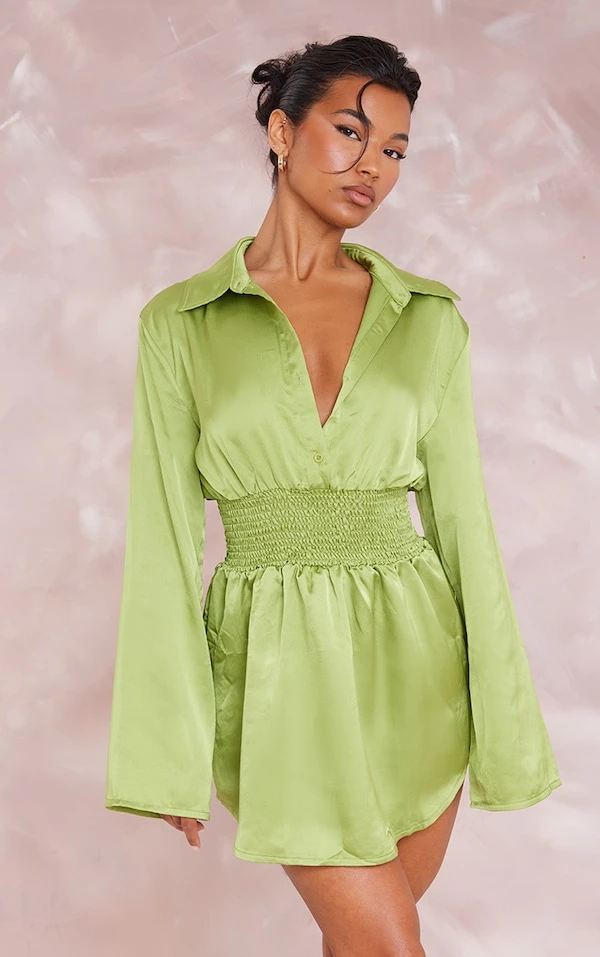 Robe Chemise Satinée Vert Olive à Taille Froncée 1 Robe Chemise Satinée Vert Olive à Taille Froncée