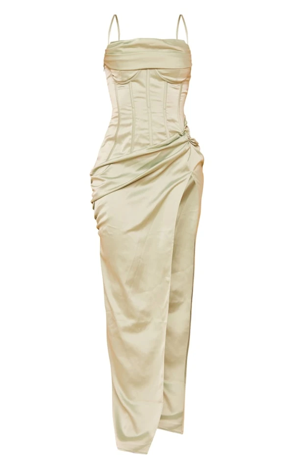 Robe Froncée Vert Sauge Drapée à Corset Volanté 5 Robe Froncée Vert Sauge Drapée à Corset Volanté – Image 5