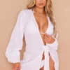 Mini Robe De Plage Effet Lin Texturé Blanc à Décolleté