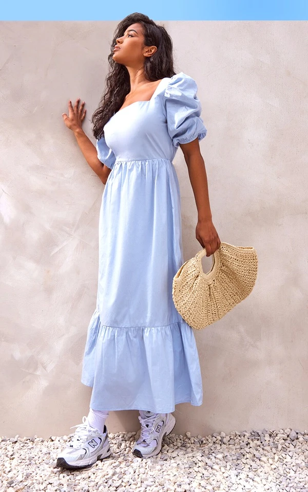 Robe Longue En Maille Tissée Bleu Cendré à Manches Bouffantes Et Col Carré 3 Robe Longue En Maille Tissée Bleu Cendré à Manches Bouffantes Et Col Carré – Image 3