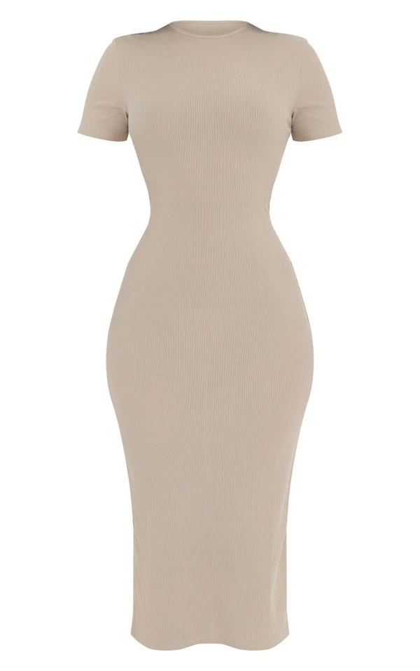 Robe Mi-longue Sable Pâle Côtelée à Col Ras-du-cou 5 Robe Mi-longue Sable Pâle Côtelée à Col Ras-du-cou – Image 5