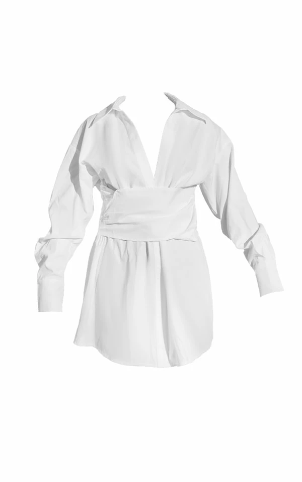 Robe Chemise Oversize Blanche Froncée à La Taille 5 Robe Chemise Oversize Blanche Froncée à La Taille – Image 5