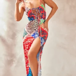 Robe Mi-longue Asymétrique Multicolore Imprimé Cachemire à Bretelles Et Liens à Nouer